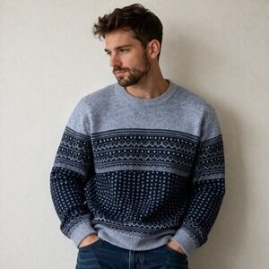 Tasso Elba Mens XXL Blue Fair Isle Lambswool Nordic Pullover Sweater Ski Cabin